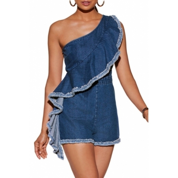 Alexis Blakely Romper Womens Large Chambray Denim Ruffle One Shoulder - Picture 14 of 15